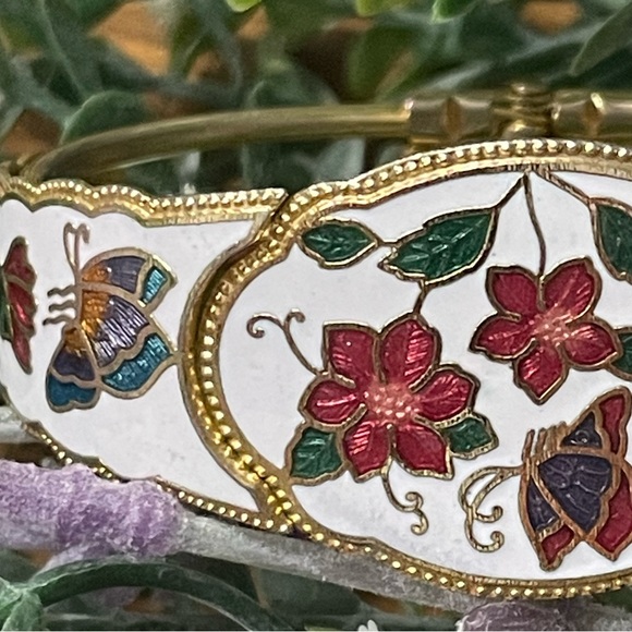 Enamel Flowers and Butterflies Vintage Cuff Bangle - Picture 3 of 5